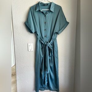Satin Teal Button-Front Maxi Shirt Dress with Self Tie Waist